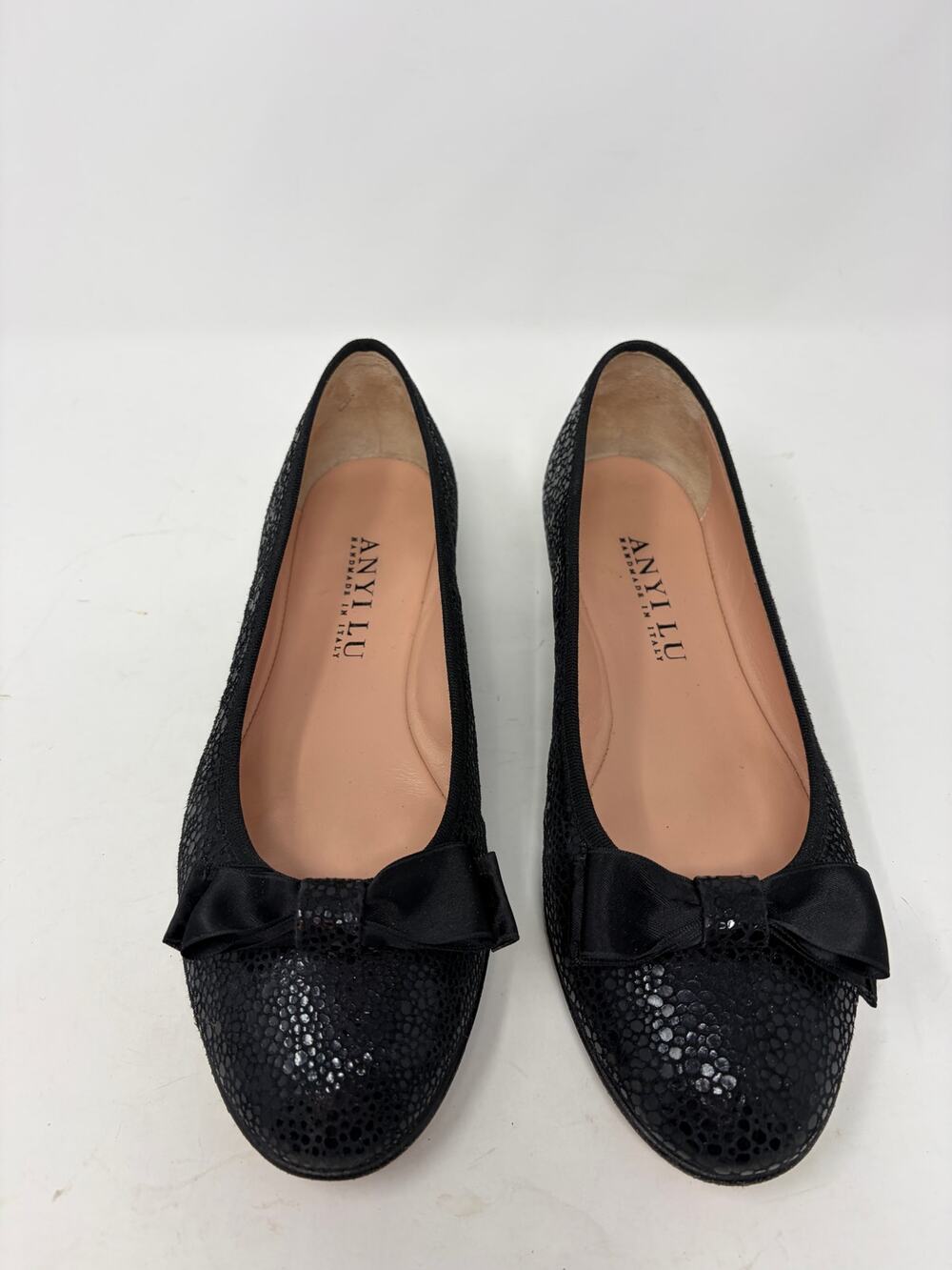 Anyi Lu ballet flats EU 38 black bow embossed leather Italy handmade round toe
